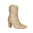 thumbnail image 1 of Unique Bargains Women's Glitter V Shape Pointy Toe Back Zipper Block Heels Mid Calf Boots Gold (Size 7), 1 of 6