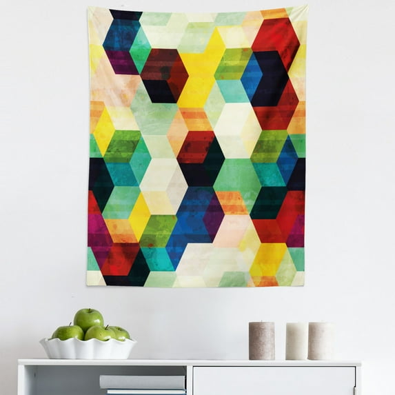 Vintage Tapestry, Rhombus Pattern Grunge Effect Hexagonal Pattern Colorful Geometric Mosaic Art, Fabric Wall Hanging Decor for Bedroom Living Room Dorm, 5 Sizes, Multicolor, by Ambesonne