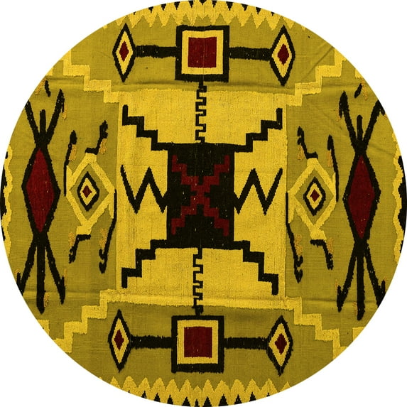 Ahgly Company Machine Washable Indoor Round Abstract Yellow Modern Area Rugs, 7' Round