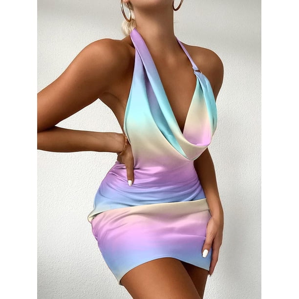 Summer Rainbow Backless Mini Party Dress Sexy Halter Pleated Night Club Dress for Women Stain Sleeveless Bodycon Short DressesS Gao Jinjia LED