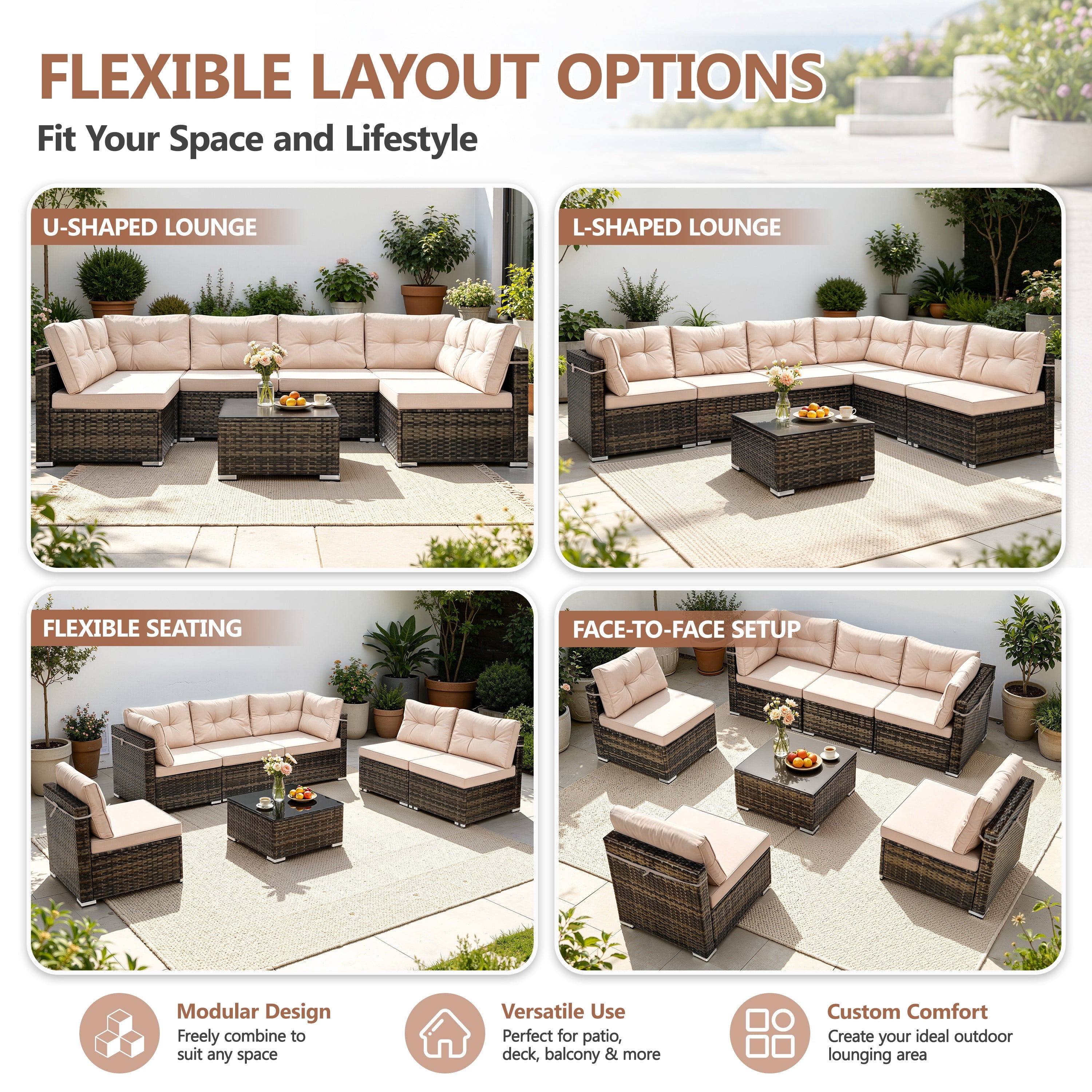 Patio Outdoor Furniture Sets, 7 Pieces All-Weather Rattan Sectional Sofa with Tea Table & Cushions, PE Rattan Wicker Sofa Couch Conversation Set for Garden Backyard Poolside