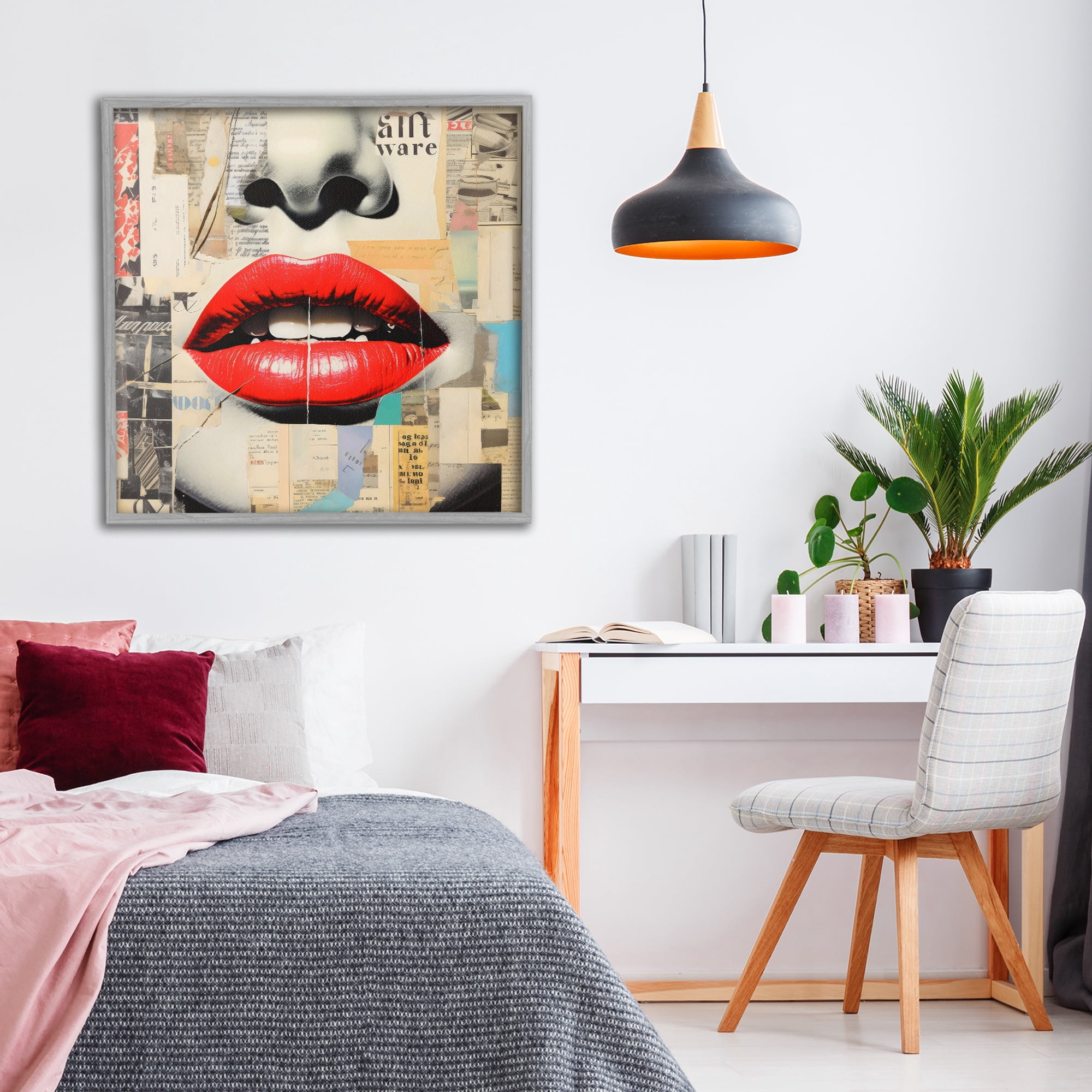 Stupell Industries Fashion Collage with Scarlet Lips Gray Framed Giclee Art, design by Creative Studio