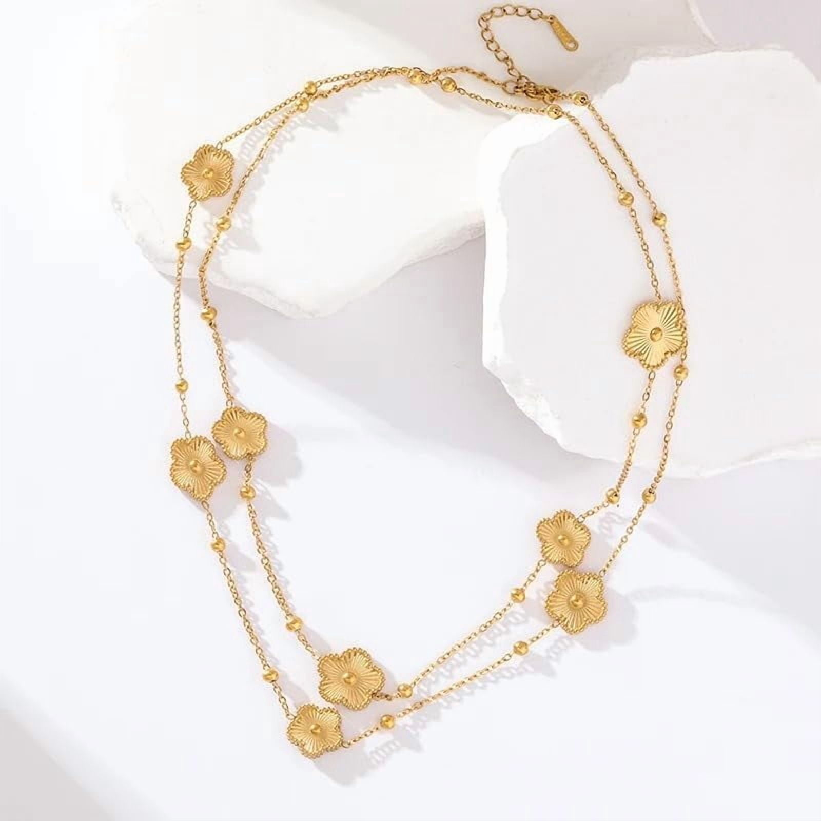 Clover Jewelry Set 18K Gold Plated Stainless Steel Necklace with Flower Design Four leaf clover for Women, Elegant Four Leaf Clover Necklace Floral Style Jewelry