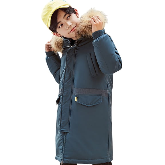 Mercatoo Hooded Puffer Jacket for Boys Girls 𝗙𝘂r Hood Zip Up Thicken Windproof Down Coat Winter Warm Mid Length Parka