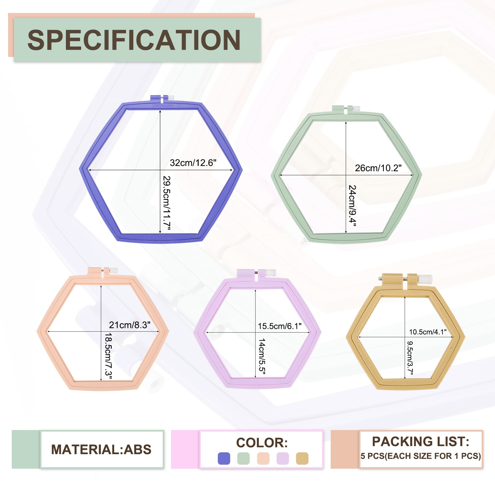 Uxcell 5 Pieces 5 Sizes Hexagonal Embroidery Hoops, ABS Adjustable Cross Stitch Hoops, Multicolored