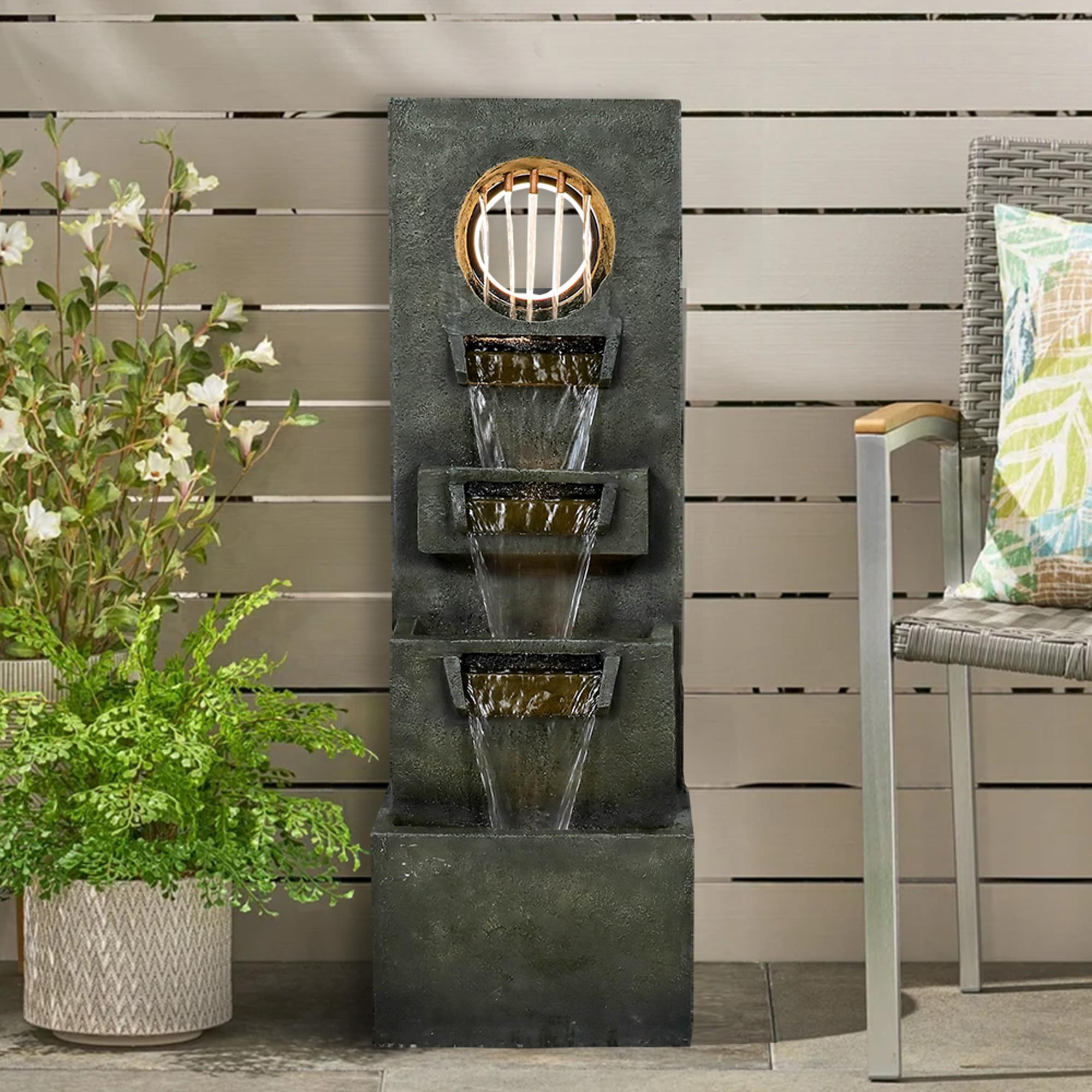 Tammesy Modern 4-Tier 39.3"H Outdoor Waterfall Fountains with Lights Pump, for Patio,Backyard,Deck,Porch and Home Art Garden Decor