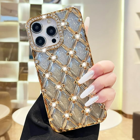 Luxury Glitter Diamond Case for iPhone 14 Pro Max, Shiny Plating Slim Shockproof Anti-Scratch Soft TPU Protective Cover, Sparkly Phone Case for Women and Girls Wireless Charging, Gold