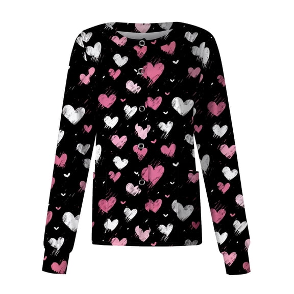 Lumtrix Valentines Day Scrub Jackets for Women Cute Hearts Print Long Sleeve Nursing Uniforms with Pockets Cute Button Down Coat Navy 2XL
