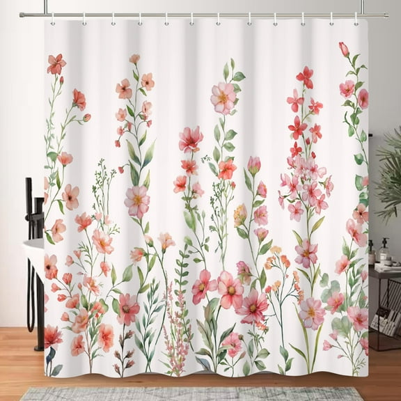 SUNOLIFE Pink Floral Shower Curtain Spring Flowers Plants Waterproof Fabric Bathroom Curtain 72x72 in
