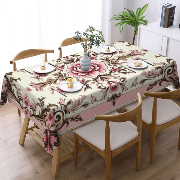 Pink Floral Damask Pattern Print Rectangle Tablecloth Waterproof Table Cloth Stain and Wrinkle Resistant Washable, Decorative Fabric Table Cover for Dining, Party and Camping