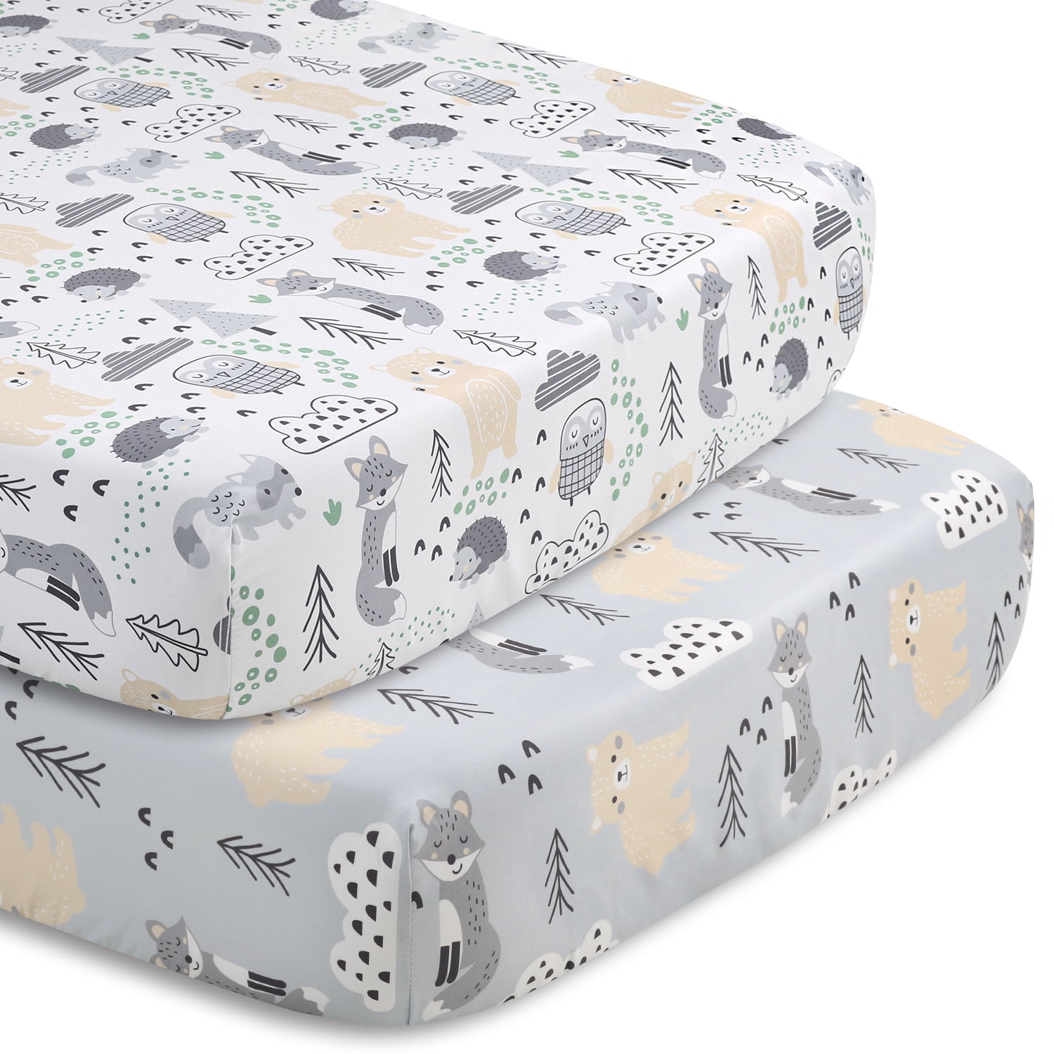 The Peanutshell Grey, Tan and Green Woodscape 5 Piece Crib Bedding Set for Baby Boys or Girls, Nursery Set with Blanket