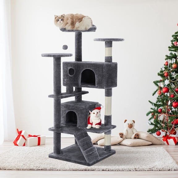 54in Multi-Level Cat Tree Tower for Indoor Cats, Kitty Play House with Sisal Scratching Post, Large Condo, Climbing Ladder, Pet Furniture