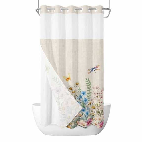 No Hook Colorful Floral Shower Curtain with Snap in Liner Set, Farmhouse Country Dragonfly Butterfly Flower Waterproof Bathroom Curtains with See Through Top Window, Hotel Style Stall 54 x 78 Inch