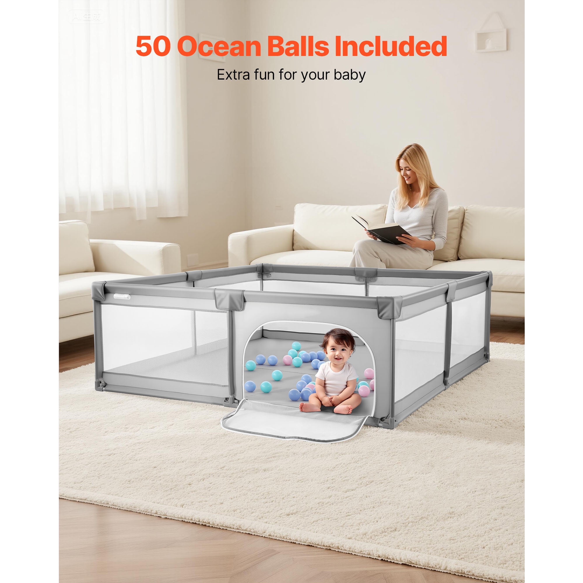 KFFKFF Large Baby Playpen, 78.7″ x 58.7″ Play Yard for Toddlers, Indoor/Outdoor Baby Fence with 50 Ocean Balls, Zippered Door & Breathable Mesh, Safe Activity Center for Babies and Toddlers