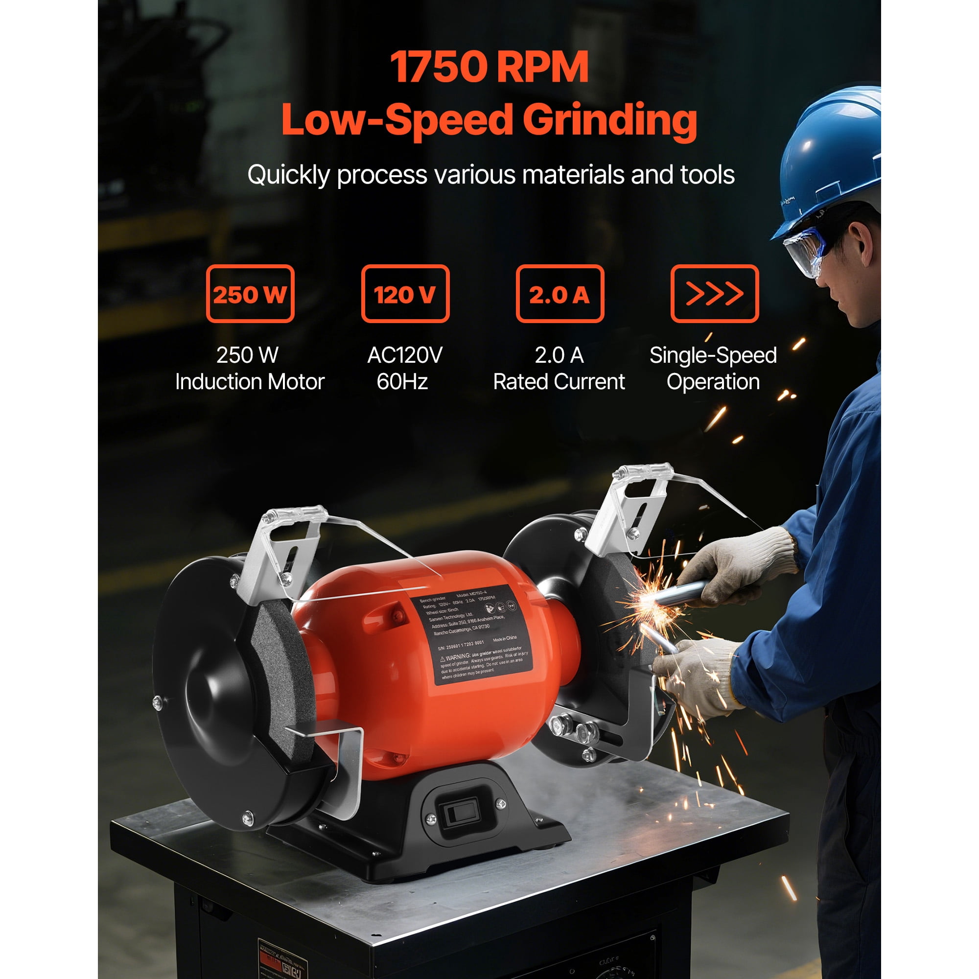 KFFKFF 6-Inch Bench Grinder, Single Speed Table Grinder with 1750 RPM, 250W Induction Motor, 36/60-Grit Grinding Wheels, and Adjustable Tool Rest for Accurate Sharpening and Grinding