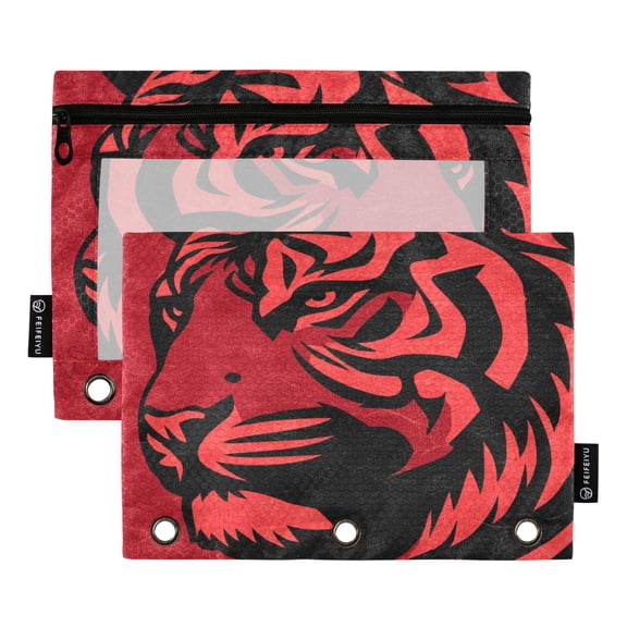2 Pack 3 Ring Binder Pouch with Clear PVC Window Water Resistant Zipper Pencil Pouch Graphic Tiger Head Pattern Binder Pocket for Classroom Office Home Stationery Organization