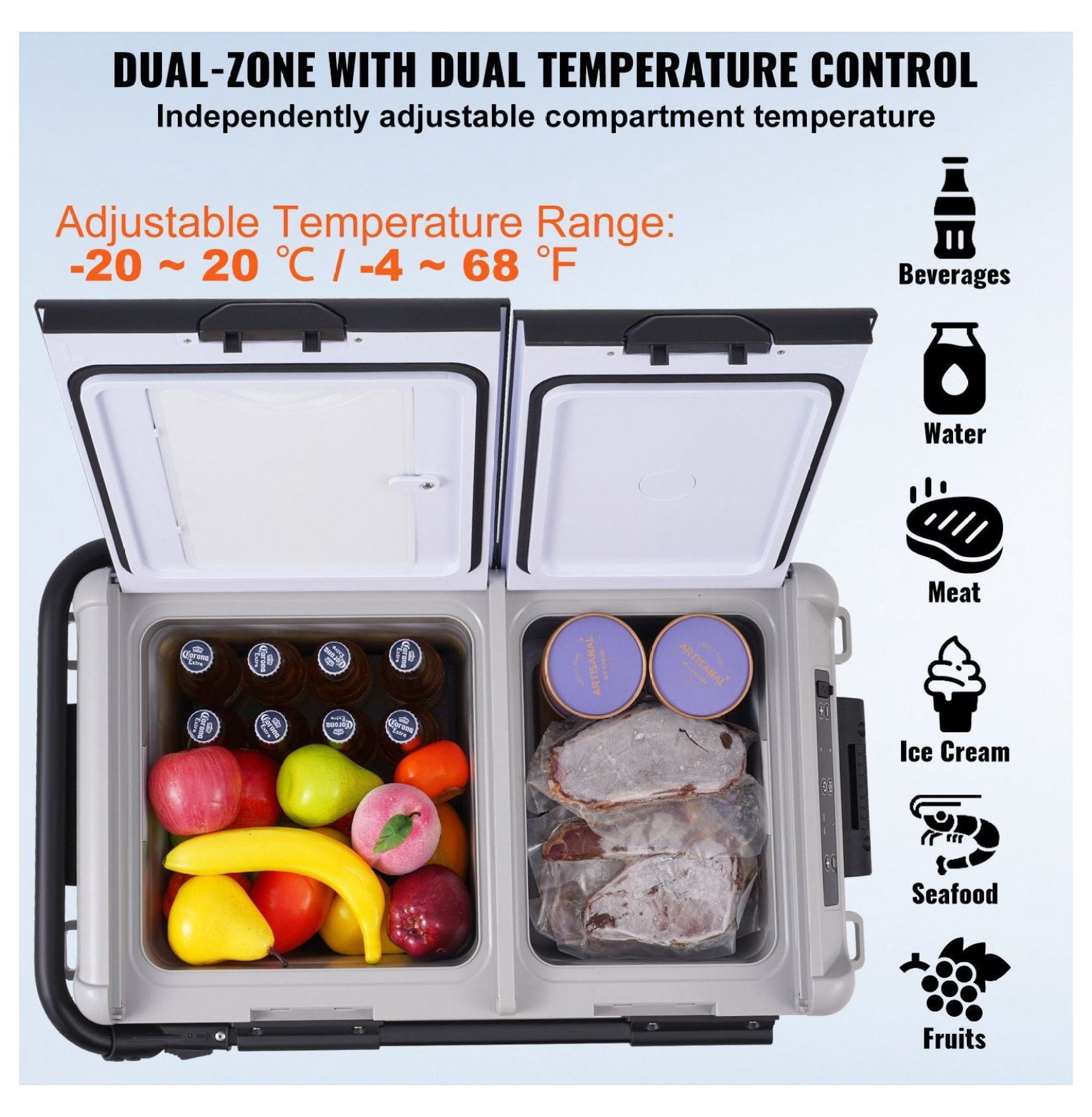 Portable Car Refrigerator Freezer 50L Dual Zone - 12V/24V & AC Powered, Compressor Cooling, Rapid Cooling for Road Trips, Camping, RV & Home Use
