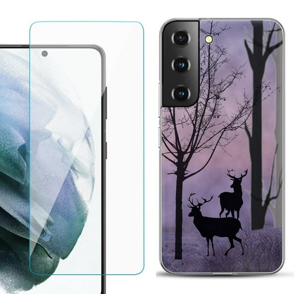 Slim-Fit TPU Fashion Phone Case for Samsung Galaxy S22 5G, with Tempered Glass Screen Protector, by OneToughShield ® - Forest/Deer/Twilight
