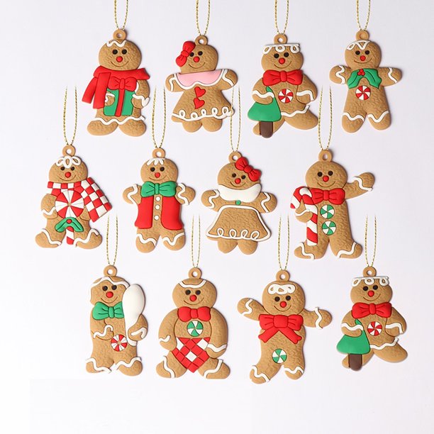 Adornos colgantes para árbol de Navidad, hombre de jengibre, paquete de 12 muñecos de hombre de jengibre, abalorios colgantes para árbol de Navidad, adornos navideños, adornos de estatua de arcilla de plástico surtidos Ormromra ZJWJ875-1