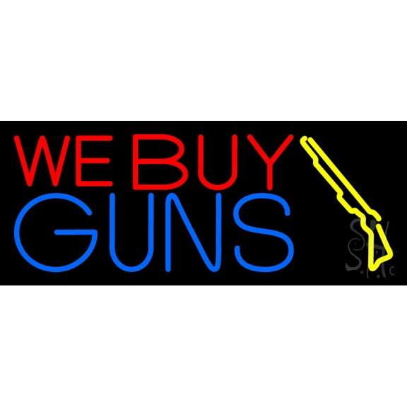 We Buy Guns LED Neon Sign 13 x 32 - inches, Black Square Cut Acrylic Backing, with Dimmer - Bright and Premium built indoor LED Neon Sign for Defence Force.