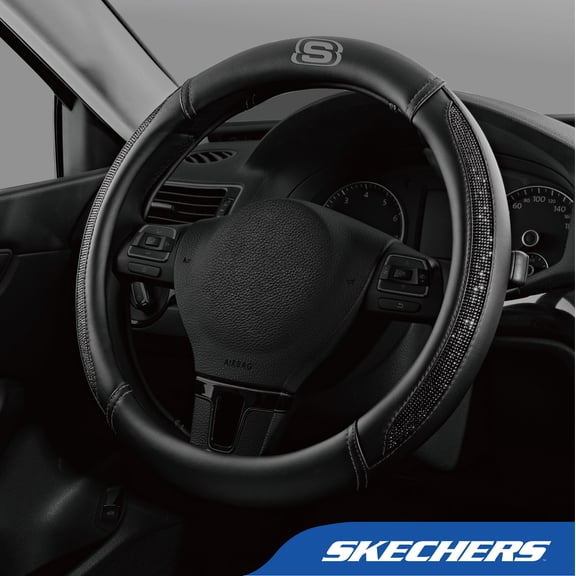 Skechers  Bling Diamond Steering Wheel Cover, Leather  Car Steering Wheel Cover for Women   – Universal Fit, 24MP37-SWC-BK 0.79Lbs