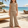 thumbnail image 2 of THDHVS Girls Fall Outfits,Girls Ribbed Sleeveless Round Neck Top Wide Leg Pants Summer Stretchy Casual 2 Piece Set,Toddler Girl Outfits Khaki 5-7 Years, 2 of 8