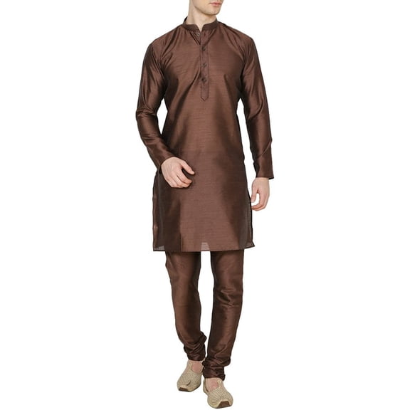 Royal Kurta Men's Luxury Art Silk Blend Occasional Kurta Churidar Set Brown