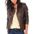 thumbnail image 2 of Women's Genuine Brown Lambskin Leather Motorcycle Jacket Christmas Stylish Coat W247, 2 of 4