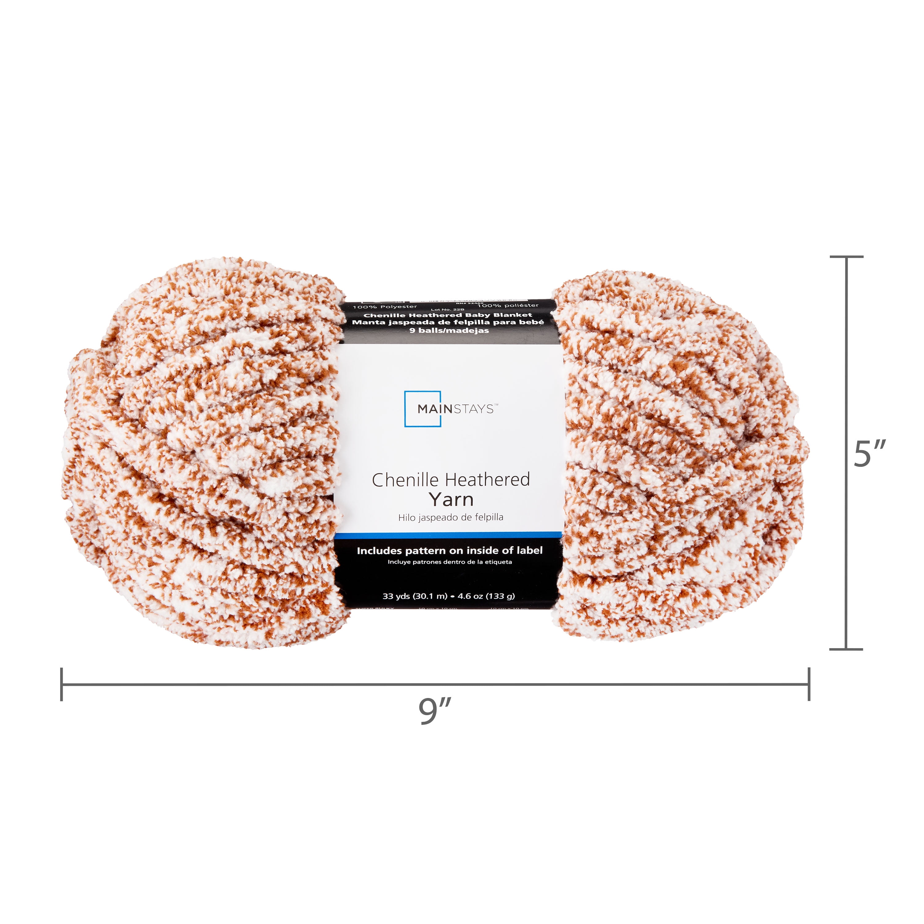 Mainstays Heathered Chenille Yarn, 33 yd, Gingerbread, 100% Polyester, Super Bulky, Pack of 4