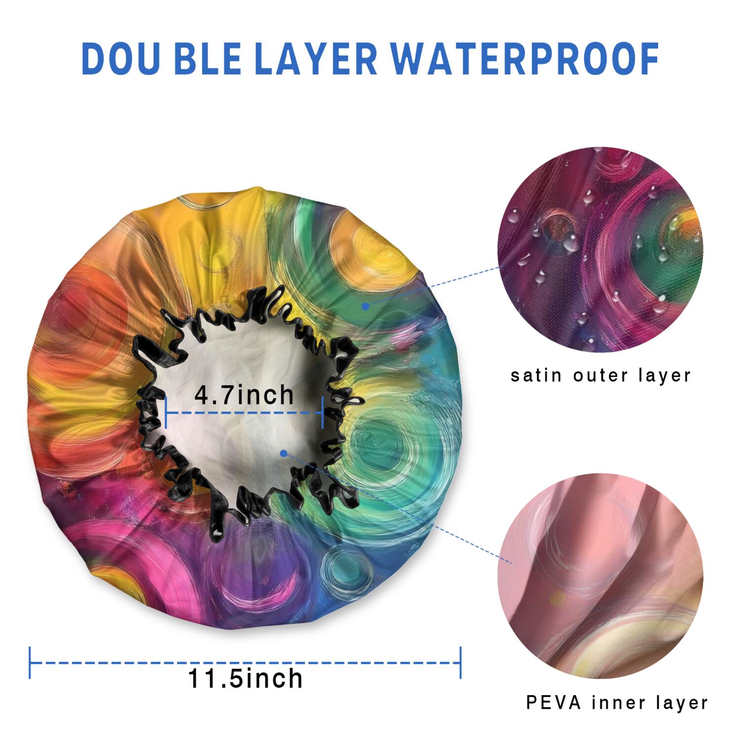 Shower Caps,Colorful Tie Dye Circular Spiral Pattern Waterproof Shower Cap for Women 4 Pieces,Double Reusable Hair Cover for Shower PEVA Elastic Stretch Hem