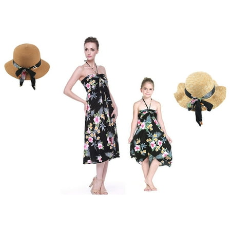 

Matching Hawaiian Luau Mother Daughter Halter Dress in Hibiscus Black