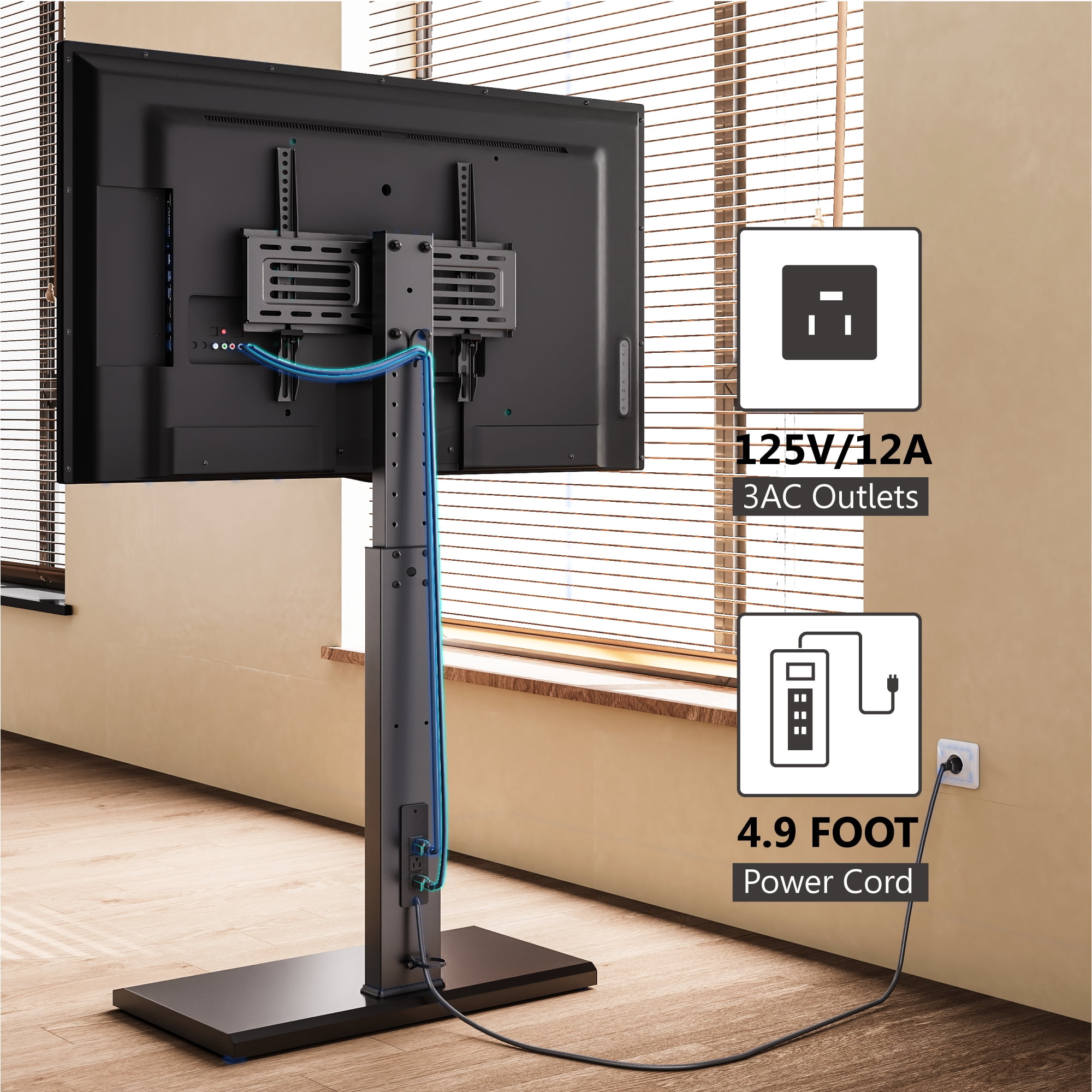 FITUEYES Modern Black Swivel Floor TV Stand for TVs up to 65 inch Metal Base with Power Strip Mount