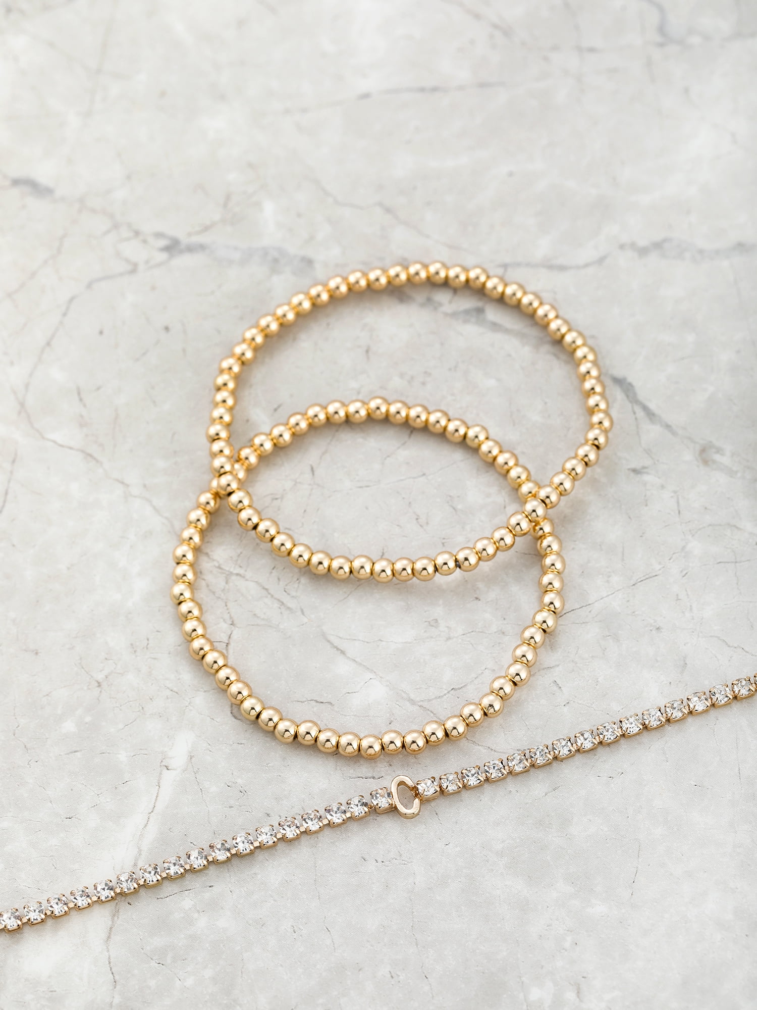 Time and Tru Goldtone and Crystal Beaded Stretch Bracelets, 3 Pieces, Initial Letter C
