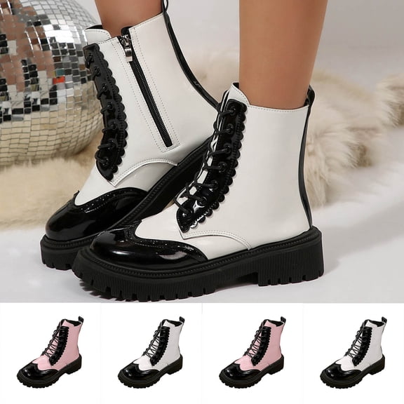 Crunowin Women's Ankle Boots, Fall Winter Thick Sole Platform Color Block British Trendy Shoes Pink 7.5
