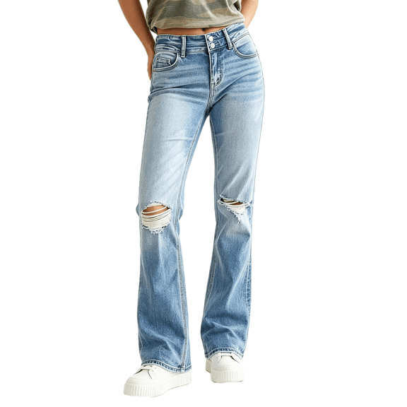 Women's High Waisted Ripped Straight Leg Denim Jeans, Light Blue Washed, with Distressed Knee Hole and Double Button Fly, Frayed Hem Long Pants