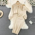 thumbnail image 2 of Women's 2 Piece Sweater Dress Set Ribbed Knit Crop Tops and Bodycon Dresses Outfits Long Sleeve Casual Sweaters Sets Beige One Size, 2 of 6