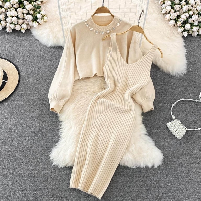 bodycon dress outfit winter HNMKIU Women's Solid Color High Waist Knit Bodycon Dresses for Women  Pullover Long Sleeve Top and Midi Dress Womens 2 Piece Outfits Winter Cozy  Outfit Set for Casual Z04_Beige,One Size