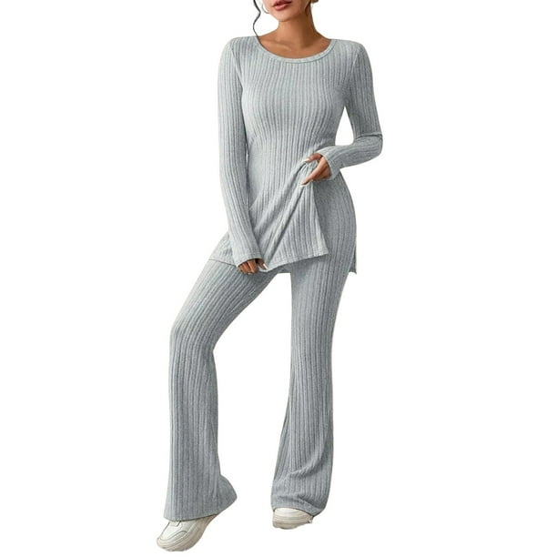 Chándal de punto de dos piezas para mujer: camiseta de cuello redondo y pantalones anchos, poliéster y spandex, bajo con abertura, conjunto informal a juego