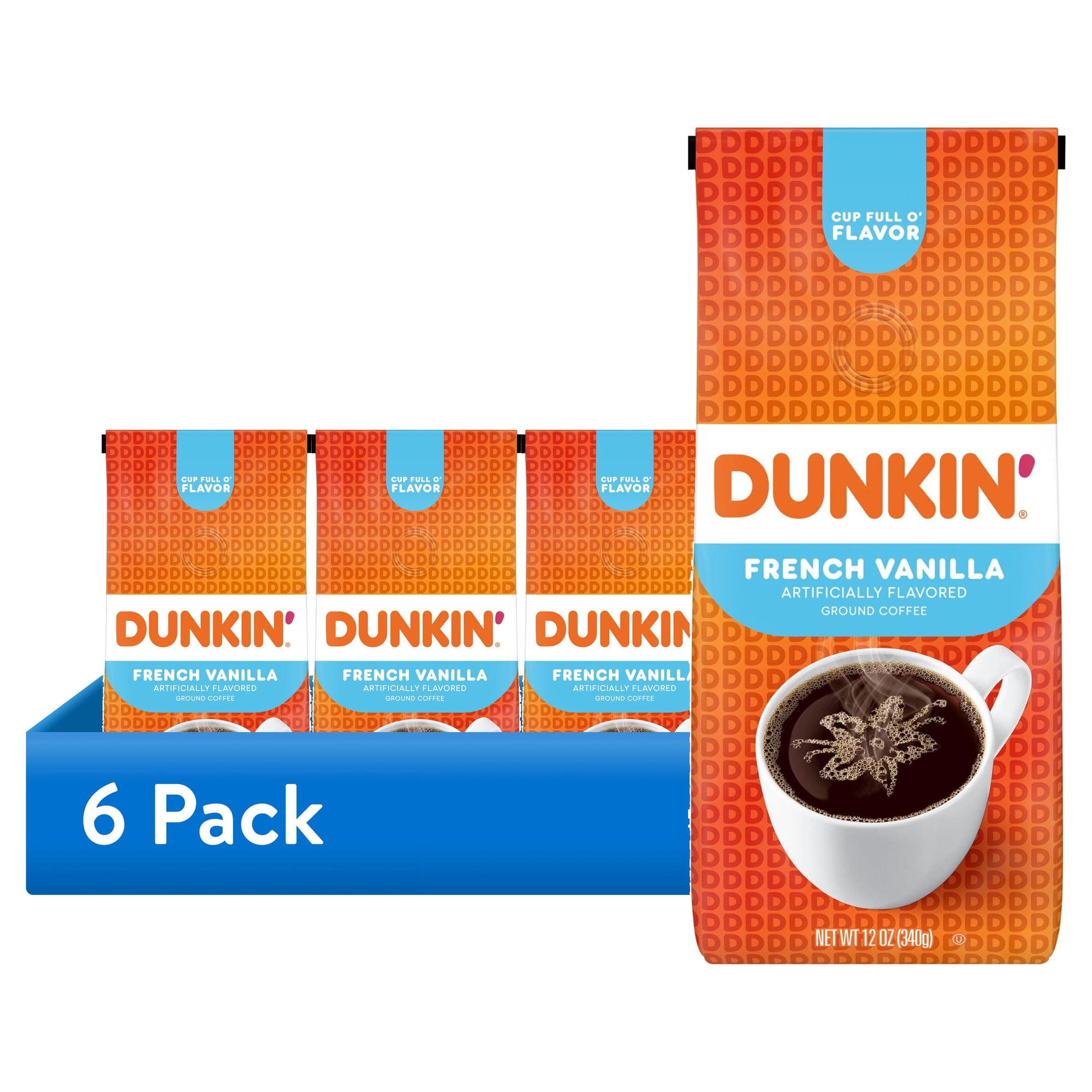 (6 pack) Dunkin’ French Vanilla Artificially Flavored Coffee, Ground Coffee, 12 oz Bag