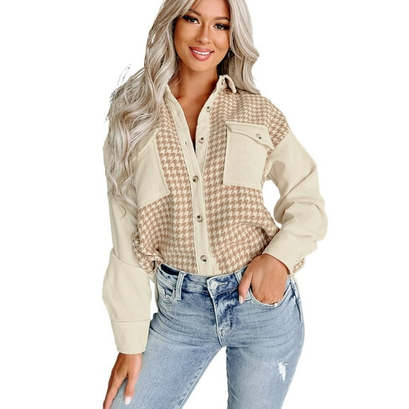 Women's Parchment Houndstooth Corduroy Patchwork Flap Pocket Shacket