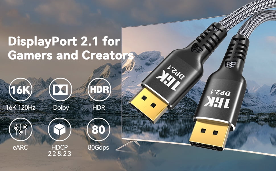 AUBEAMTO DisplayPort 2.1 Cable 16.4FT, 16K Display Port 2.1 2.0 Cable [16K 60Hz, 8K 120Hz, 4K 240Hz 165Hz 144Hz, 80Gbps HDR10 HDCP DSC 1.2a] Braided DP 2.1 Cord for FreeSync G-Sync Gaming Monitor