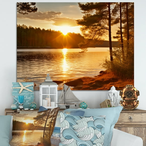Designart Coastal Wall Art, Horizon s Embrace Seaview Horizon , Coastal Wall art decor, Yellow Nautical & Coastal Canvas wall art, 40x30 inches