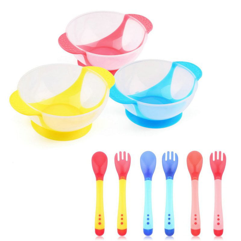 1 Set Non-slip Bowl Tableware Baby Suction Bowl Feeding Temperature Spoon Set 