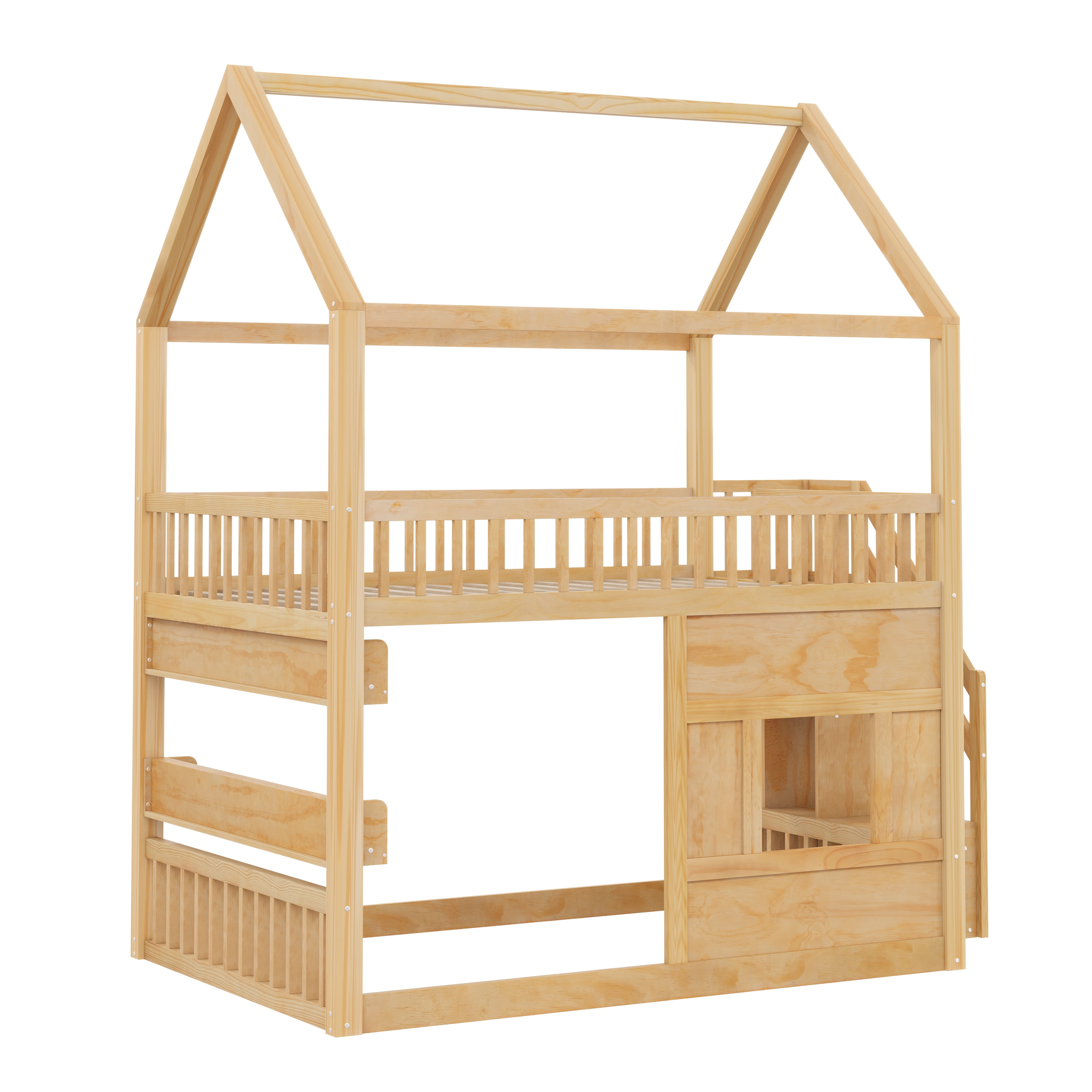Euroco Wood Full over Full Bunk Bed with Staircase, House Bed with LED Light, Natural