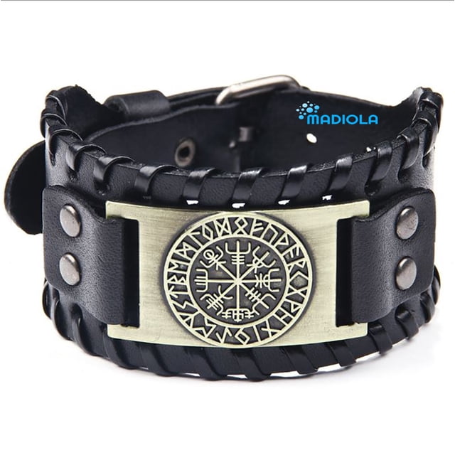 Pulsera de cuero MADIOLA Vikingo Vegvisir Negro/Bronze