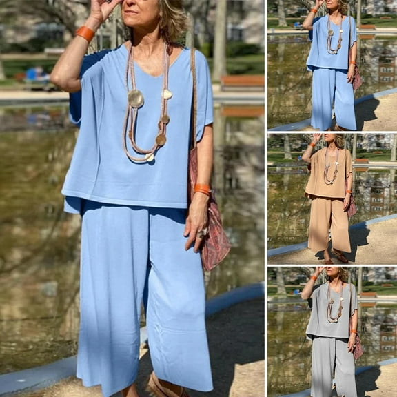 ZenCart 2Pcs/Set Women Summer Outfit V-Neck Short Sleeve Tee Shirt Loose Fit Wide Leg Pants Set Solid Color Casual Outfit