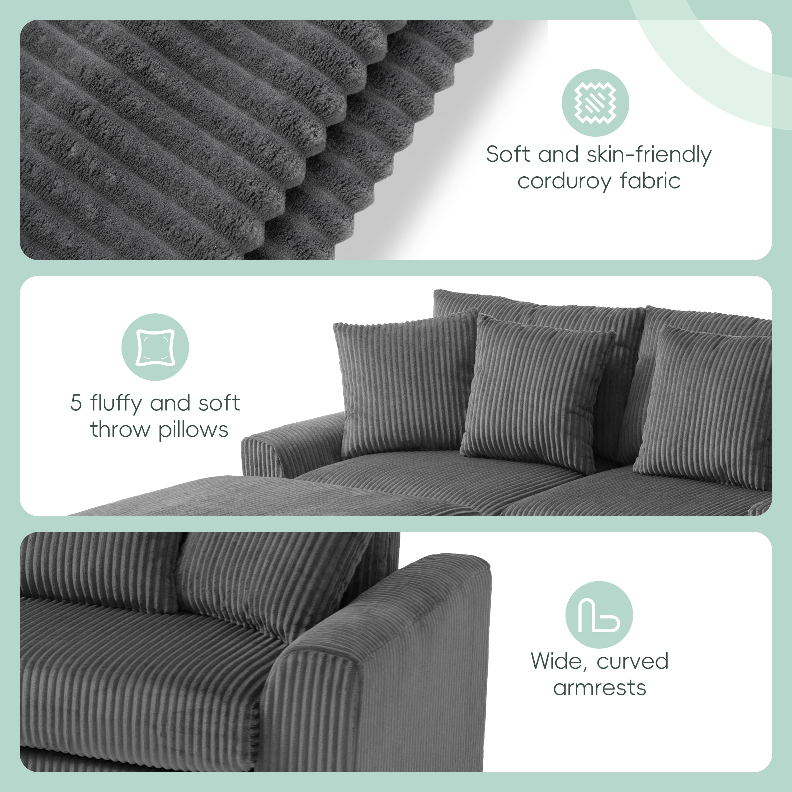 AISWORD 112" U Shaped Sectional Couch with Bluetooth Speakers, USB Charger, Console with Cup Holders & Corduroy Chaise, Dark Grey