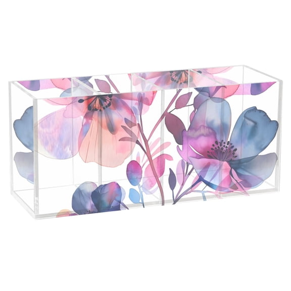 Watercolor Flowers Bouquet Acrylic Pencil Pen Holder Cup 4 Compartments Desktop Organiser 7.87"x2.78"x3.54"