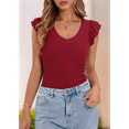 thumbnail image 4 of Womens Summer V Neck Ruffle Sleeveless Slim Fit T-Shirts Wine Red M, 4 of 7