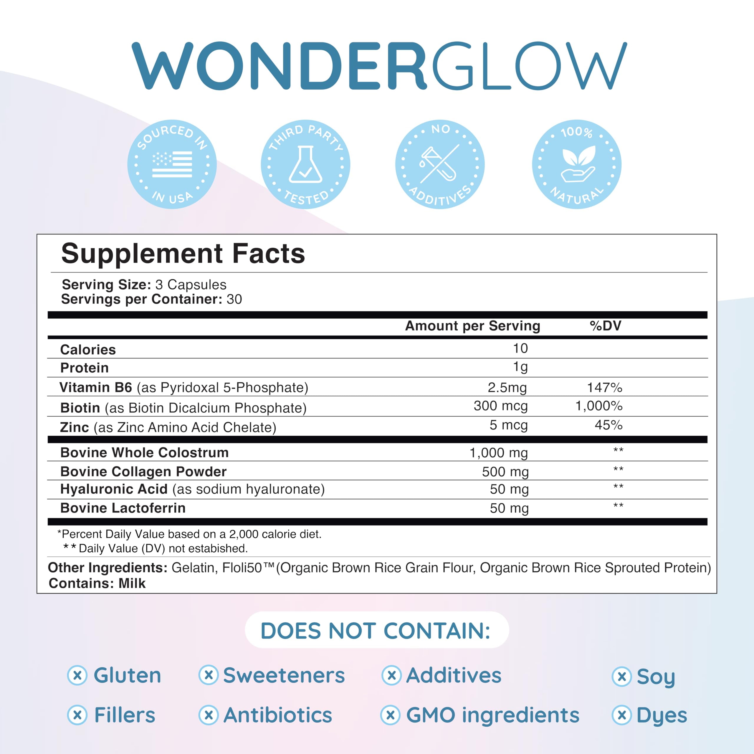 WONDERCOW Hair Skin and Nails Vitamins w/Bovine Colostrum, Collagen, Hyaluronic Acid, Biotin, Zinc, & Lactoferrin?Supports Faster Hair Growth, Stronger Nails and Glowing Skin (30 Servings, Capsule)